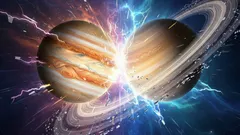 Srážka planet Jupiter a Saturn s blesky ve vesmíru, umělecká ilustrace kosmického jevu