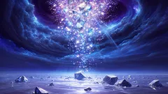 Futuristická noční krajina s magickým vírem a zářivými krystaly na ledu