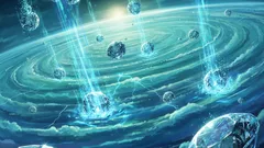 Meteority dopadající do vesmírného oceánu, futuristická sci-fi ilustrace energetických vln