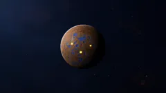 Planeta Mars na tmavé obloze, zvýrazněná místa přistání misí, vesmírná fotografie