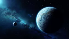 Planeta a měsíc ve vesmíru, mlhovina a hvězdy na tmavě modrém pozadí