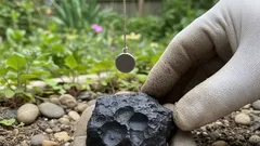 Meteorický kámen na zemi, ruka s rukavicí drží magnet nad kamenem v přírodě