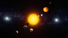 Sluneční soustava s planetami obíhajícími kolem Slunce ve vesmíru