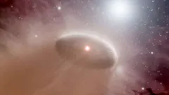Protoplanetární disk kolem mladé hvězdy ve vesmíru, astrofyzikální ilustrace mlhoviny.