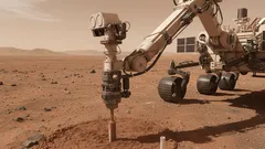 Mars rover provádí vrtání vzorků na povrchu planety Mars