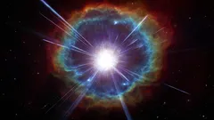 Výbuch hvězdy supernova ve vesmíru, barevné světelné efekty a záření na černém pozadí